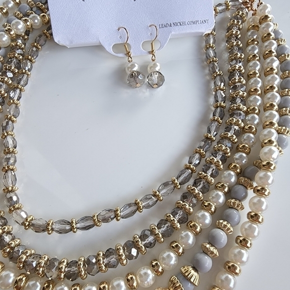 NEW Gray Gold Pearl Beaded Multi Layered Statement Necklace - Picture 5 of 8